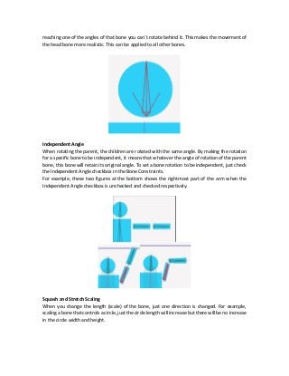 reaching one of the angles of that bone you can`t rotate behind it. This makes the movement of
the head bone more realistic. This can be applied to all other bones.
Independent Angle
When rotating the parent, the children are rotated with the same angle. By making the rotation
for a specific bone to be independent, it means that whatever the angle of rotation of the parent
bone, this bone will retain its original angle. To set a bone rotation to be independent, just check
the Independent Angle checkbox in the Bone Constraints.
For example, these two figures at the bottom shows the rightmost part of the arm when the
Independent Angle checkbox is unchecked and checked respectively.
Squash and Stretch Scaling
When you change the length (scale) of the bone, just one direction is changed. For example,
scaling a bone thatcontrols a circle, just the circlelength will increasebut there will be no increase
in the circle width and height.
 