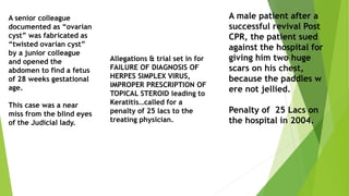 A senior colleague
documented as “ovarian
cyst” was fabricated as
“twisted ovarian cyst”
by a junior colleague
and opened the
abdomen to find a fetus
of 28 weeks gestational
age.
This case was a near
miss from the blind eyes
of the Judicial lady.
Allegations & trial set in for
FAILURE OF DIAGNOSIS OF
HERPES SIMPLEX VIRUS,
IMPROPER PRESCRIPTION OF
TOPICAL STEROID leading to
Keratitis…called for a
penalty of 25 lacs to the
treating physician.
A male patient after a
successful revival Post
CPR, the patient sued
against the hospital for
giving him two huge
scars on his chest,
because the paddles w
ere not jellied.
Penalty of 25 Lacs on
the hospital in 2004.
 