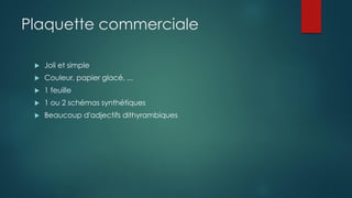Plaquette commerciale
 Joli et simple
 Couleur, papier glacé, ...
 1 feuille
 1 ou 2 schémas synthétiques
 Beaucoup d'adjectifs dithyrambiques
 