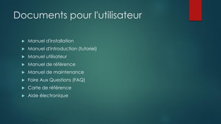 Documents pour l'utilisateur
 Manuel d'installation
 Manuel d'introduction (tutoriel)
 Manuel utilisateur
 Manuel de référence
 Manuel de maintenance
 Foire Aux Questions (FAQ)
 Carte de référence
 Aide électronique
 