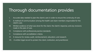 Thorough documentation provides
I. Accurate data needed to plan the client’s care in order to ensure the continuity of care.
II. A method of communication among the health care team members responsible for the
client’s care.
III. Written evidence of what was done for the client, the client’s response, and any revisions
made in the plan of care.
IV. Compliance with professional practice standards.
V. Compliance with accreditation criteria.
VI. A resource for review, audit, reimbursement, education, and research.
VII. A written legal record to protect the client, institution, and practitioner
 