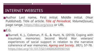 INTERNET WEBSITES
◼Author Last name, First initial. Middle initial. (Year
Published). Title of article. Title of Periodical, Volume(Issue),
page range. https://doi.org/xxxx or URL
◼E.G.
◼Burnell, K. J., Coleman, P. G., & Hunt, N. (2010). Coping with
traumatic memories: Second World War veterans’
experiences of social support in relation to the narrative
coherence of war memories. Ageing and Society, 30(1), 57-78.
https://doi.org/10.1017/S0144686X0999016X
 