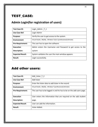 31
TEST_CASE:
Admin Login(for registration of users)
Test Case ID: Login_Admin _T_1
Use Case Ref: Login Admin
Purpose: Verify the user to get access to the system.
Environment Visual Studio , MySQL , Window 7,8,8.1 (professional/ultimate)
Pre-Requirement: The user has to open the software.
Execution
Description:
Admin enters the Username and Password to get access to the
system
Expected Result: System validates the user the main window appears.
Result: Login successfully.
Add other users:
Test Case ID: Add_Voter_T_2
Use Case Ref: Add Voter
Purpose: Enter the Voter data to add Voter in the record.
Environment Visual Studio , MySQL , Window 7 (professional/ultimate)
Pre-Requirement: The user has to be logged in and he has to be on the add users page.
Execution
Description:
User enters the information that are required on the add student
page.
Expected Result: User can add the information.
Result: Voter Added.
 