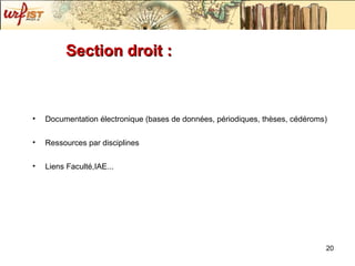 Section droit :  Documentation électronique (bases de données, périodiques, thèses, cédéroms) Ressources par disciplines Liens Faculté,IAE... 