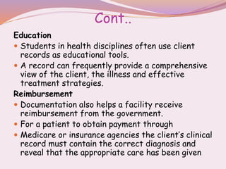 Cont..
Education
 Students in health disciplines often use client
records as educational tools.
 A record can frequently provide a comprehensive
view of the client, the illness and effective
treatment strategies.
Reimbursement
 Documentation also helps a facility receive
reimbursement from the government.
 For a patient to obtain payment through
 Medicare or insurance agencies the client’s clinical
record must contain the correct diagnosis and
reveal that the appropriate care has been given
 