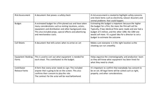 Risk Assessment A document that proves a safety check A risk assessment is created to highlight safety concerns
and check items such as electricity, natural disasters and
animal problems that could happen.
Budget A estimated budget for a film planed out and have taken
many considerations such as renting locations, actors,
equipment and distribution and other background crew.
This also included props, special effects and advertising
and merchandise costs.
Estimating the budget is important because the higher
the budget for a film, the more the filmwill sell for.
Typically, if two identical films were made and one had a
budget of 5 million, and the other 10M, the 10M one
would sell more. It’s a good idea for a director to set a
budget to estimate the outcome.
Call Sheets A document that tells actors when to arrive on set Makes sure everyone is in the right location so the
shooting can run smoothly.
Equipment Booking
Forms
This is used to sort out what equipment is needed for
each shoot. This contributed to the budget.
Helps organise the cinematography and production team
as they will know what equipment has been hired for
what they need to shoot.
Contributor
Release Forms
A form that every actor needs to sign. This included
anyone that is going to be on the screen. This also
confirms their consent to play the role.
The contract for the actor will be read beforehand.
It's important to confirm that everybody has consent to
be on set. All legal items will be sorted such as right,
property and other considerations.
 