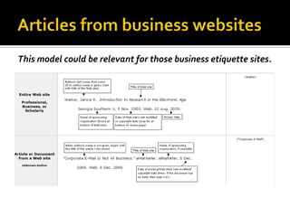 Articles from business websitesThis model could be relevant for those business etiquette sites.