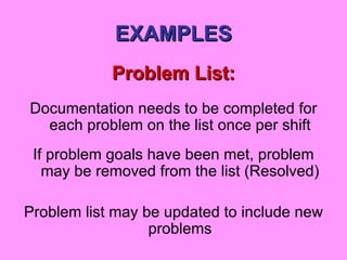 EXAMPLES Problem List: Documentation needs to be completed for each problem on the list once per shift If problem goals have been met, problem may be removed from the list (Resolved) Problem list may be updated to include new problems 