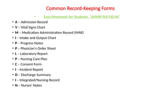 Common Record-Keeping Forms
• Easy Mnemonic for Students: "AVMIP PLP CID IN"
• A – Admission Record
• V – Vital Signs Chart
• M – Medication Administration Record (MAR)
• I – Intake and Output Chart
• P – Progress Notes
• P – Physician's Order Sheet
• L – Laboratory Report
• P – Nursing Care Plan
• C – Consent Form
• I – Incident Report
• D – Discharge Summary
• I – Integrated/Nursing Record
• N – Nurses' Notes
 