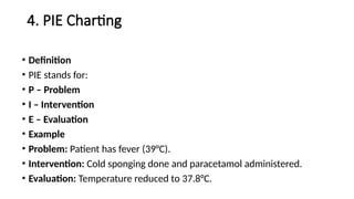 4. PIE Charting
• Definition
• PIE stands for:
• P – Problem
• I – Intervention
• E – Evaluation
• Example
• Problem: Patient has fever (39°C).
• Intervention: Cold sponging done and paracetamol administered.
• Evaluation: Temperature reduced to 37.8°C.
 