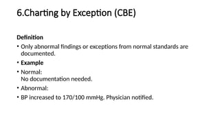6.Charting by Exception (CBE)
Definition
• Only abnormal findings or exceptions from normal standards are
documented.
• Example
• Normal:
No documentation needed.
• Abnormal:
• BP increased to 170/100 mmHg. Physician notified.
 