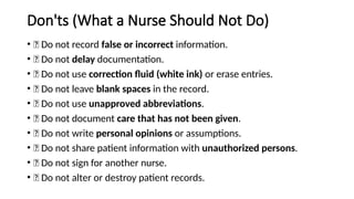 Don'ts (What a Nurse Should Not Do)
• ❌ Do not record false or incorrect information.
• ❌ Do not delay documentation.
• ❌ Do not use correction fluid (white ink) or erase entries.
• ❌ Do not leave blank spaces in the record.
• ❌ Do not use unapproved abbreviations.
• ❌ Do not document care that has not been given.
• ❌ Do not write personal opinions or assumptions.
• ❌ Do not share patient information with unauthorized persons.
• ❌ Do not sign for another nurse.
• ❌ Do not alter or destroy patient records.
 