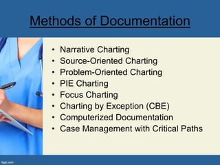 Methods of Documentation
• Narrative Charting
• Source-Oriented Charting
• Problem-Oriented Charting
• PIE Charting
• Focus Charting
• Charting by Exception (CBE)
• Computerized Documentation
• Case Management with Critical Paths
 
