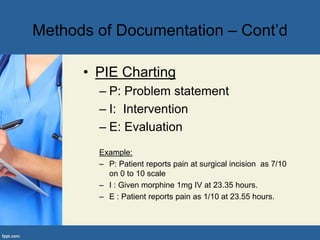 • PIE Charting
– P: Problem statement
– I: Intervention
– E: Evaluation
Example:
– P: Patient reports pain at surgical incision as 7/10
on 0 to 10 scale
– I : Given morphine 1mg IV at 23.35 hours.
– E : Patient reports pain as 1/10 at 23.55 hours.
Methods of Documentation – Cont’d
 