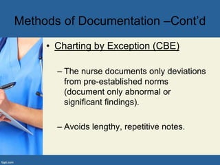 Methods of Documentation –Cont’d
• Charting by Exception (CBE)
– The nurse documents only deviations
from pre-established norms
(document only abnormal or
significant findings).
– Avoids lengthy, repetitive notes.
 