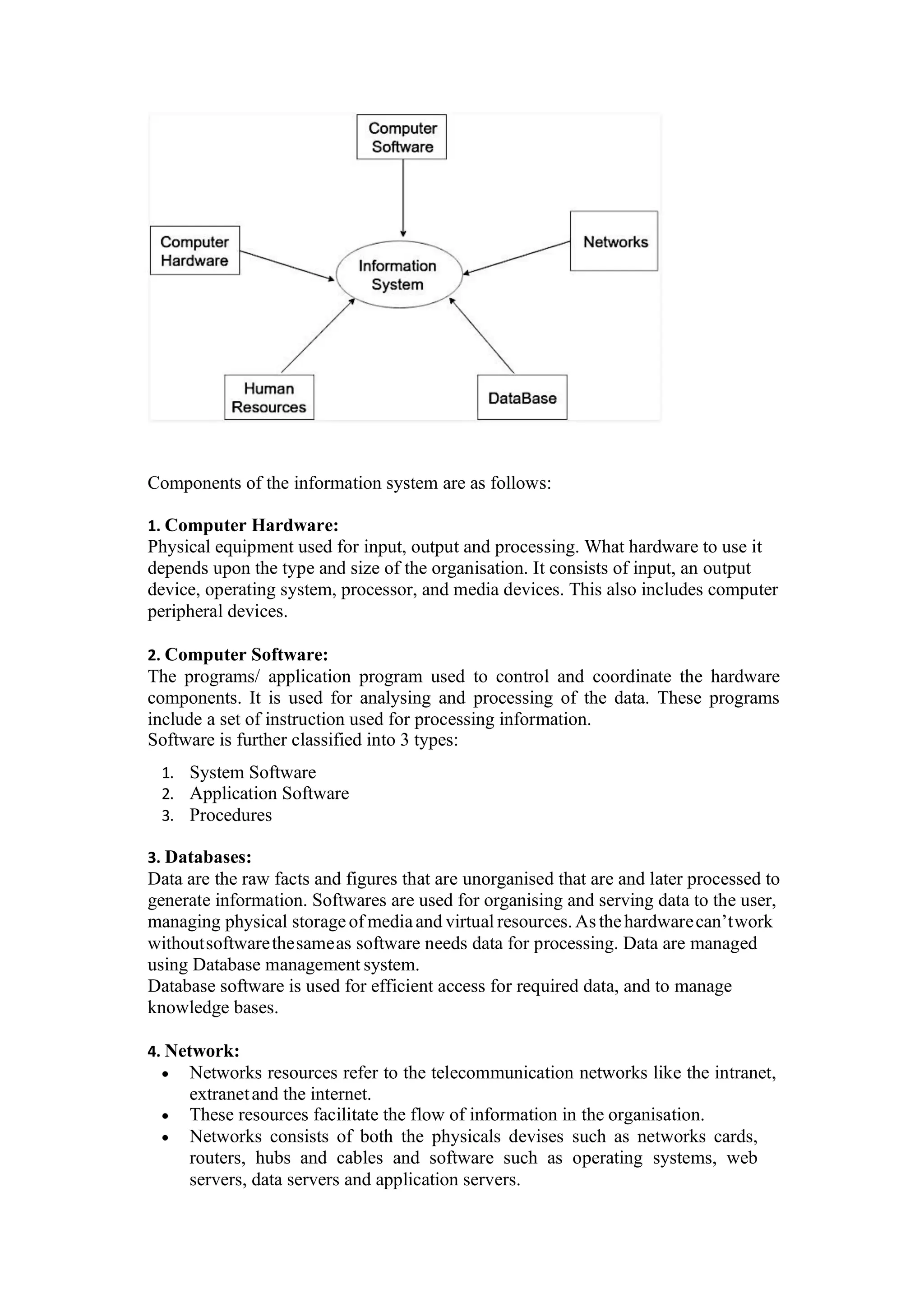 Components of the information system are as follows:
1. Computer Hardware:
Physical equipment used for input, output and processing. What hardware to use it
depends upon the type and size of the organisation. It consists of input, an output
device, operating system, processor, and media devices. This also includes computer
peripheral devices.
2. Computer Software:
The programs/ application program used to control and coordinate the hardware
components. It is used for analysing and processing of the data. These programs
include a set of instruction used for processing information.
Software is further classified into 3 types:
1. System Software
2. Application Software
3. Procedures
3. Databases:
Data are the raw facts and figures that are unorganised that are and later processed to
generate information. Softwares are used for organising and serving data to the user,
managing physical storageof mediaand virtual resources. As thehardwarecan’twork
withoutsoftwarethesameas software needs data for processing. Data are managed
using Database management system.
Database software is used for efficient access for required data, and to manage
knowledge bases.
4. Network:
• Networks resources refer to the telecommunication networks like the intranet,
extranetand the internet.
• These resources facilitate the flow of information in the organisation.
• Networks consists of both the physicals devises such as networks cards,
routers, hubs and cables and software such as operating systems, web
servers, data servers and application servers.
 