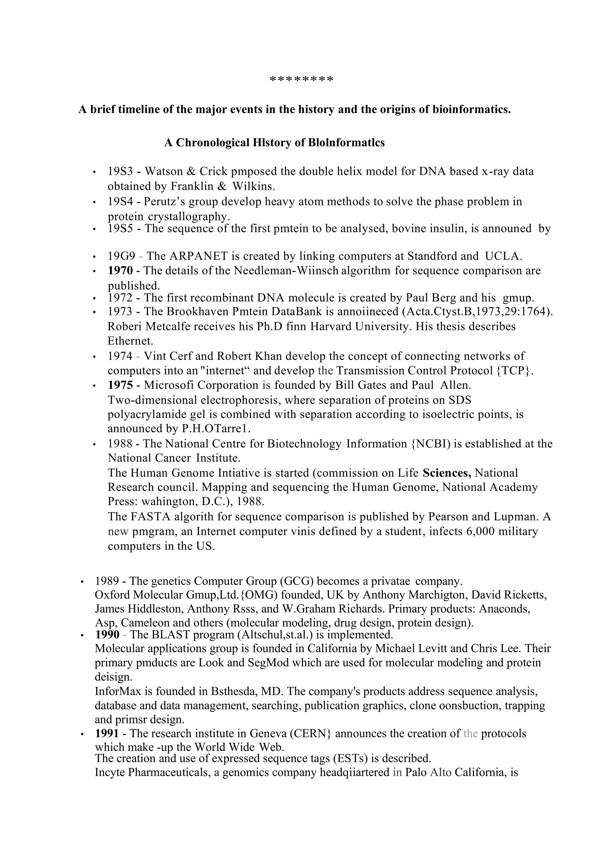 ********
A brief timeline of the major events in the history and the origins of bioinformatics.
A Chronological Hlstory of Blolnformatlcs
• 19S3 - Watson & Crick pmposed the double helix model for DNA based x-ray data
obtained by Franklin & Wilkins.
• 19S4 - Perutz’s group develop heavy atom methods to solve the phase problem in
protein crystallography.
• 19S5 - The sequence of the first pmtein to be analysed, bovine insulin, is announed by
• 19G9 - The ARPANET is created by linking computers at Standford and UCLA.
• 1970 - The details of the Needleman-Wiinsch algorithm for sequence comparison are
published.
• 1972 - The first recombinant DNA molecule is created by Paul Berg and his gmup.
• 1973 - The Brookhaven Pmtein DataBank is annoiineced (Acta.Ctyst.B,1973,29:1764).
Roberi Metcalfe receives his Ph.D finn Harvard University. His thesis describes
Ethernet.
• 1974 - Vint Cerf and Robert Khan develop the concept of connecting networks of
computers into an "internet“ and develop the Transmission Control Protocol {TCP}.
• 1975 - Microsofi Corporation is founded by Bill Gates and Paul Allen.
Two-dimensional electrophoresis, where separation of proteins on SDS
polyacrylamide gel is combined with separation according to isoelectric points, is
announced by P.H.OTarre1.
• 1988 - The National Centre for Biotechnology Information {NCBI) is established at the
National Cancer Institute.
The Human Genome Intiative is started (commission on Life Sciences, National
Research council. Mapping and sequencing the Human Genome, National Academy
Press: wahington, D.C.), 1988.
The FASTA algorith for sequence comparison is published by Pearson and Lupman. A
new pmgram, an Internet computer vinis defined by a student, infects 6,000 military
computers in the US.
• 1989 - The genetics Computer Group (GCG) becomes a privatae company.
Oxford Molecular Gmup,Ltd.{OMG) founded, UK by Anthony Marchigton, David Ricketts,
James Hiddleston, Anthony Rsss, and W.Graham Richards. Primary products: Anaconds,
Asp, Cameleon and others (molecular modeling, drug design, protein design).
• 1990 - The BLAST program (Altschul,st.al.) is implemented.
Molecular applications group is founded in California by Michael Levitt and Chris Lee. Their
primary pmducts are Look and SegMod which are used for molecular modeling and protein
deisign.
InforMax is founded in Bsthesda, MD. The company's products address sequence analysis,
database and data management, searching, publication graphics, clone oonsbuction, trapping
and primsr design.
• 1991 - The research institute in Geneva (CERN} announces the creation of the protocols
which make -up the World Wide Web.
The creation and use of expressed sequence tags (ESTs) is described.
Incyte Pharmaceuticals, a genomics company headqiiartered in Palo Alto California, is
 
