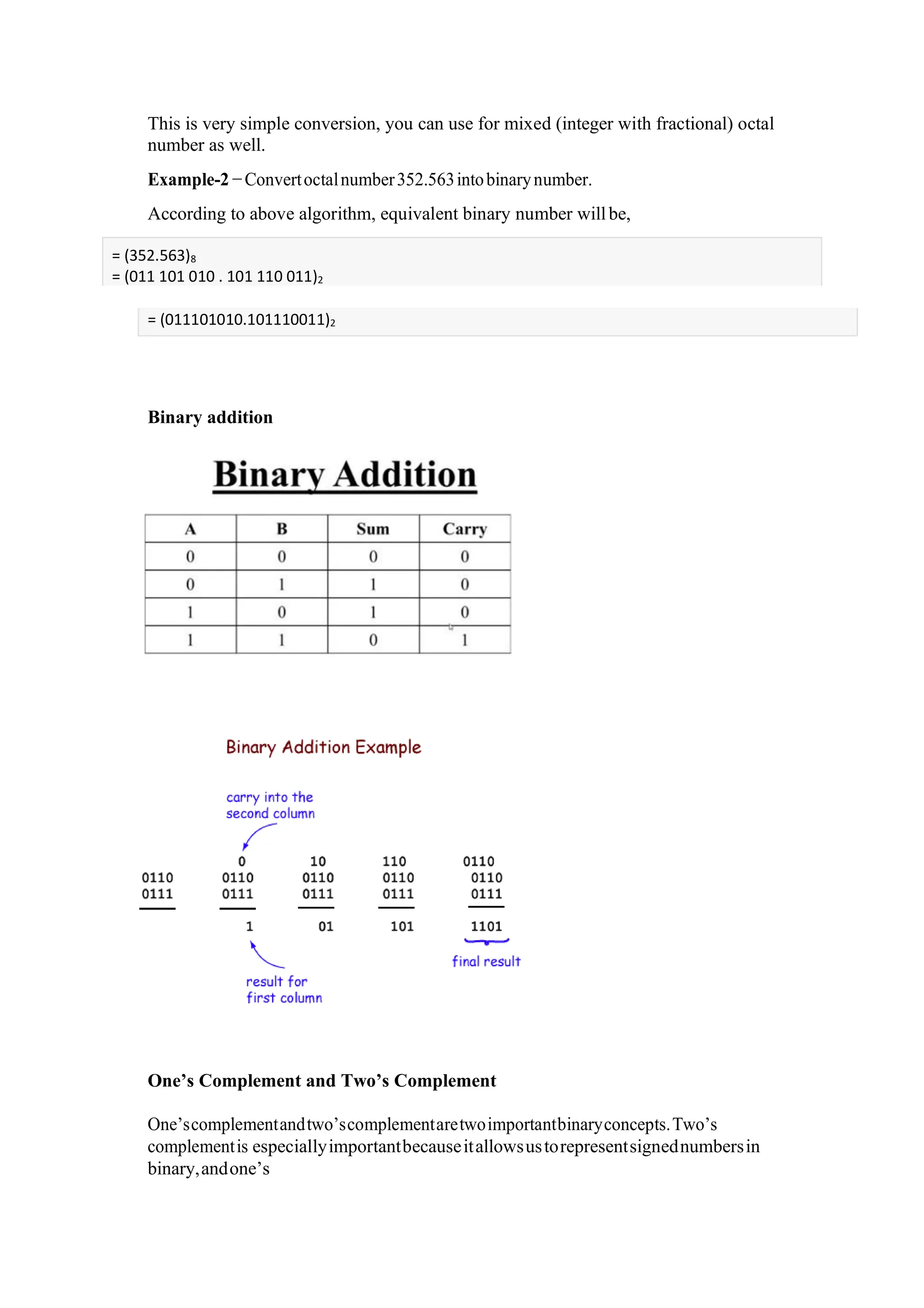 = (352.563)8
= (011 101 010 . 101 110 011)2
This is very simple conversion, you can use for mixed (integer with fractional) octal
number as well.
Example-2 −Convertoctalnumber352.563intobinarynumber.
According to above algorithm, equivalent binary number willbe,
Binary addition
One’s Complement and Two’s Complement
One’scomplementandtwo’scomplementaretwoimportantbinaryconcepts.Two’s
complementis especiallyimportantbecauseitallowsustorepresentsignednumbersin
binary,andone’s
= (011101010.101110011)2
 