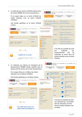 Documentation CMS e-sidoc
Page 81
La recherche par centres d’intérêt présents dans
les notices ONISEP de la base documentaire ;
Si un usager clique sur un centre d’intérêt, les
notices indexées avec ce centre d’intérêt
s’affichent.
Une facette spécifique sur le centre d’intérêt
s’active.
Il est dès lors possible de saisir
une recherche (ex.
Psychomotricien) afin de
rechercher ce terme dans les
notices indexées avec ce centre
d’intérêt.
La recherche par thèmes de classement de la
documentation ONISEP, thèmes spécifiés dans le
champ cote des notices de la base documentaire ;
Si un usager clique sur un thème, les notices
indexées avec ce thème s’affichent.
Une facette spécifique sur ce thème s’active.
Il est dès lors possible de saisir
une recherche (ex. Journaliste)
afin de rechercher ce terme
dans les notices indexées avec
ce thème.
 