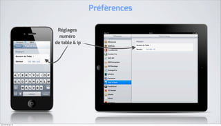 Préfèrences

                       Réglages
                        numéro
                      de table & ip




mercredi 20 juin 12
 