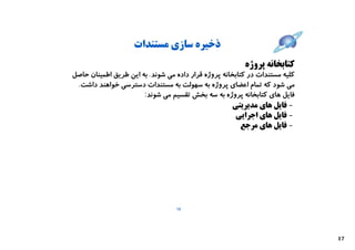 ‫ذﺧﯿﺮه ﺳﺎزي ﻣﺴﺘﻨﺪات‬
                                                         ‫ﮐﺘﺎﺑﺨﺎﻧﻪ ﭘﺮوژه‬
‫ﮐﻠﯿﻪ ﻣﺴﺘﻨﺪات در ﮐﺘﺎﺑﺨﺎﻧﻪ ﭘﺮوژه ﻗﺮار داده ﻣﯽ ﺷﻮﻧﺪ. ﺑﻪ اﯾﻦ ﻃﺮﯾﻖ اﻃﻤﯿﻨﺎن ﺣﺎﺻﻞ‬
 ‫ﻣﯽ ﺷﻮد ﮐﻪ ﺗﻤﺎم اﻋﻀﺎي ﭘﺮوژه ﺑﻪ ﺳﻬﻮﻟﺖ ﺑﻪ ﻣﺴﺘﻨﺪات دﺳﺘﺮﺳﯽ ﺧﻮاﻫﻨﺪ داﺷﺖ.‬
                       ‫ﻓﺎﯾﻞ ﻫﺎي ﮐﺘﺎﺑﺨﺎﻧﻪ ﭘﺮوژه ﺑﻪ ﺳﻪ ﺑﺨﺶ ﺗﻘﺴﯿﻢ ﻣﯽ ﺷﻮﻧﺪ:‬
                                                     ‫- ﻓﺎﯾﻞ ﻫﺎي ﻣﺪﯾﺮﯾﺘﯽ‬
                                                      ‫- ﻓﺎﯾﻞ ﻫﺎي اﺟﺮاﯾﯽ‬
                                                         ‫- ﻓﺎﯾﻞ ﻫﺎي ﻣﺮﺟﻊ‬




                                  ‫61‬




                                                                             ‫71‬
 