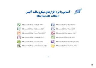 ‫آﺷﻨﺎﯾﯽ ﺑﺎ ﻧﺮم اﻓﺰارﻫﺎي ﻣﯿﮑﺮوﺳﺎﻓﺖ آﻓﯿﺲ‬
        ‫‪Microsoft office‬‬




                  ‫13‬




                                        ‫23‬
 