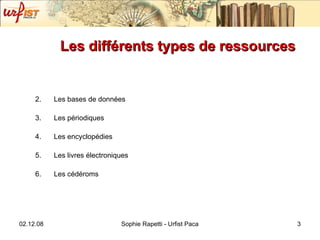 Les différents types de ressources  Les bases de données Les périodiques  Les encyclopédies Les livres électroniques Les cédéroms 