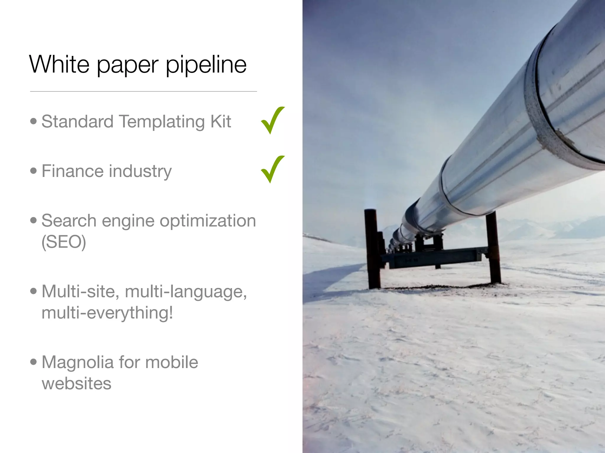 White paper pipeline
• Standard Templating Kit ✓
• Finance industry ✓
• Search engine optimization
(SEO)
• Multi-site, multi-language,
multi-everything!
• Magnolia for mobile
websites