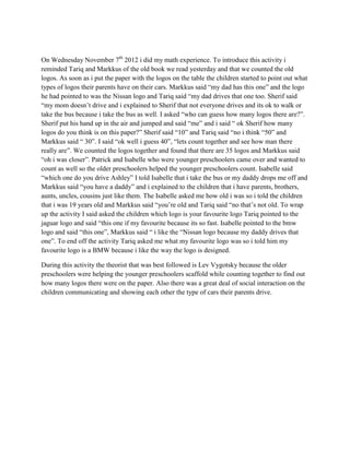 On Wednesday November 7th 2012 i did my math experience. To introduce this activity i
reminded Tariq and Markkus of the old book we read yesterday and that we counted the old
logos. As soon as i put the paper with the logos on the table the children started to point out what
types of logos their parents have on their cars. Markkus said “my dad has this one” and the logo
he had pointed to was the Nissan logo and Tariq said “my dad drives that one too. Sherif said
“my mom doesn’t drive and i explained to Sherif that not everyone drives and its ok to walk or
take the bus because i take the bus as well. I asked “who can guess how many logos there are?”.
Sherif put his hand up in the air and jumped and said “me” and i said “ ok Sherif how many
logos do you think is on this paper?” Sherif said “10” and Tariq said “no i think “50” and
Markkus said “ 30”. I said “ok well i guess 40”, “lets count together and see how man there
really are”. We counted the logos together and found that there are 35 logos and Markkus said
“oh i was closer”. Patrick and Isabelle who were younger preschoolers came over and wanted to
count as well so the older preschoolers helped the younger preschoolers count. Isabelle said
“which one do you drive Ashley” I told Isabelle that i take the bus or my daddy drops me off and
Markkus said “you have a daddy” and i explained to the children that i have parents, brothers,
aunts, uncles, cousins just like them. The Isabelle asked me how old i was so i told the children
that i was 19 years old and Markkus said “you’re old and Tariq said “no that’s not old. To wrap
up the activity I said asked the children which logo is your favourite logo Tariq pointed to the
jaguar logo and said “this one if my favourite because its so fast. Isabelle pointed to the bmw
logo and said “this one”, Markkus said “ i like the “Nissan logo because my daddy drives that
one”. To end off the activity Tariq asked me what my favourite logo was so i told him my
favourite logo is a BMW because i like the way the logo is designed.

During this activity the theorist that was best followed is Lev Vygotsky because the older
preschoolers were helping the younger preschoolers scaffold while counting together to find out
how many logos there were on the paper. Also there was a great deal of social interaction on the
children communicating and showing each other the type of cars their parents drive.
 