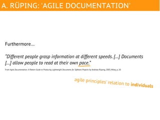 A. RÜPING: 'AGILE DOCUMENTATION'




Furthermore...

“Different people grasp information at different speeds. […] Documents
[…] allow people to read at their own pace.”
From Agile Documentation: A Pattern Guide to Producing Lightweight Documents for Software Projects by Andreas Rüping, 2003, Wiley, p. 20




                                                                                 agile principle
                                                                                                 s'                     relation to ind
                                                                                                                                       ividuals
 