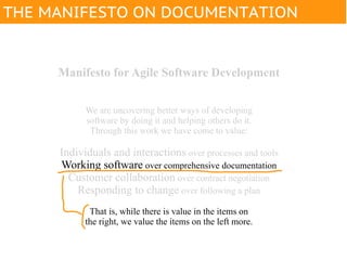 THE MANIFESTO ON DOCUMENTATION


     Manifesto for Agile Software Development


           We are uncovering better ways of developing
           software by doing it and helping others do it.
            Through this work we have come to value:

     Individuals and interactions over processes and tools
     Working software over comprehensive documentation
       Customer collaboration over contract negotiation
         Responding to change over following a plan
            That is, while there is value in the items on
           the right, we value the items on the left more.
 