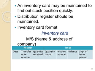  An inventory card may be maintained to
find out stock position quickly.
 Distribution register should be
maintained.
 Inventory card format
Inventory card
M/S (Name & address of
company)
Name of product:
28
 