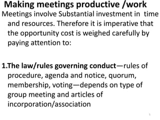 Making meetings productive /work
Meetings involve Substantial investment in time
and resources. Therefore it is imperative...