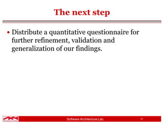 Software Architecture Lab. 14
The next step
 Distribute a quantitative questionnaire for
further refinement, validation and
generalization of our findings.
 