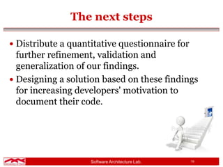 Software Architecture Lab. 19
The next steps
 Distribute a quantitative questionnaire for
further refinement, validation and
generalization of our findings.
 Designing a solution based on these findings
for increasing developers' motivation to
document their code.
 