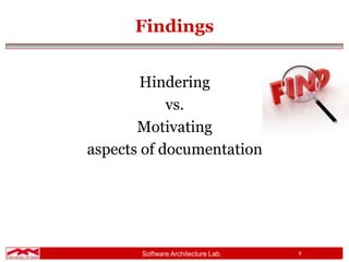 Software Architecture Lab. 8
Findings
Hindering
vs.
Motivating
aspects of documentation
 