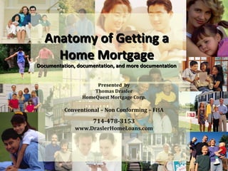 Anatomy of Getting a
    Home Mortgage
Documentation, documentation, and more documentation


                     Presented by
                    Thomas Drasler
                HomeQuest Mortgage Corp.

          Conventional – Non Conforming – FHA
                    714-478-3153
              www.DraslerHomeLoans.com
 