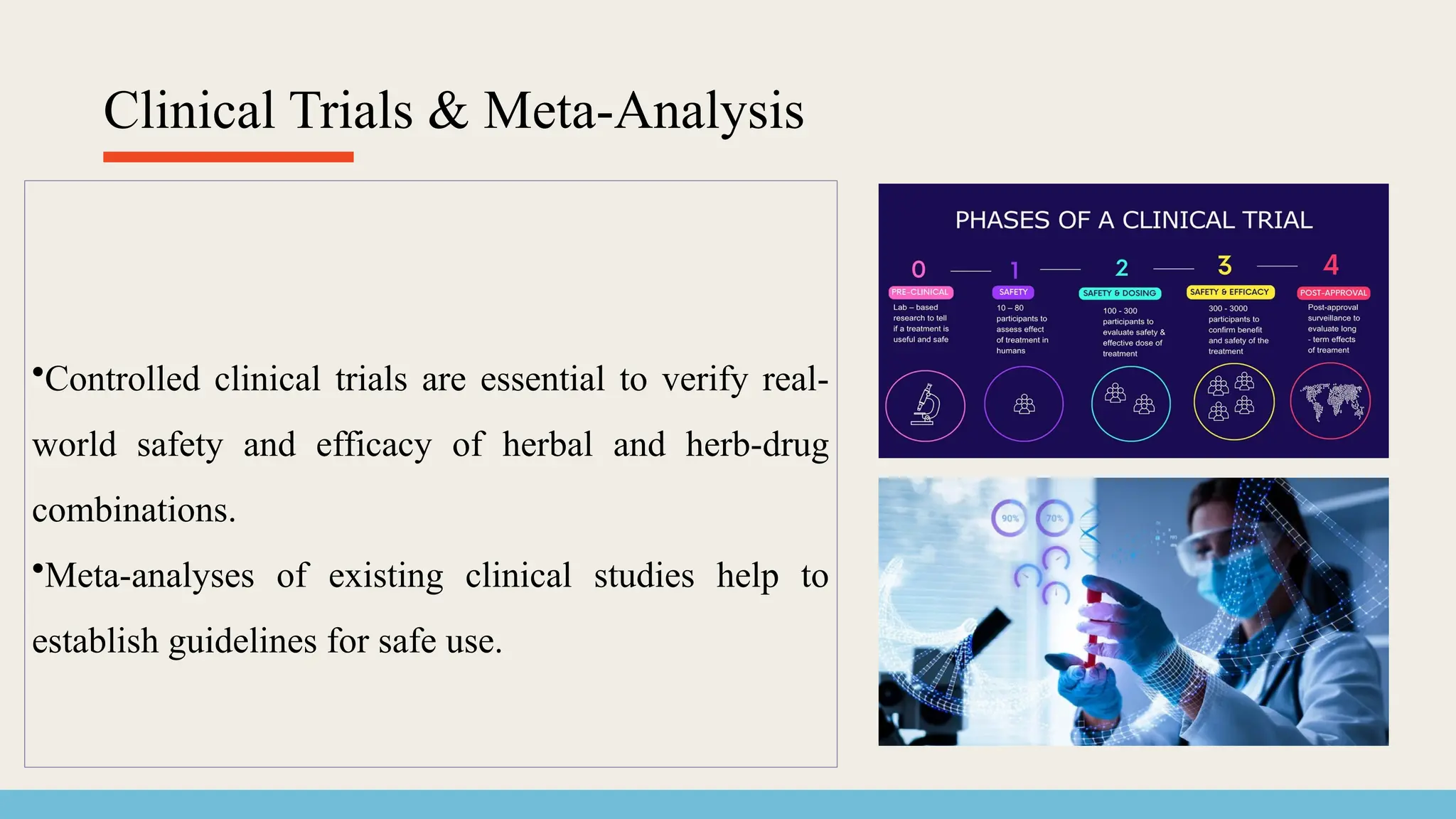 Clinical Trials & Meta-Analysis
•Controlled clinical trials are essential to verify real-
world safety and efficacy of herbal and herb-drug
combinations.
•Meta-analyses of existing clinical studies help to
establish guidelines for safe use.
 