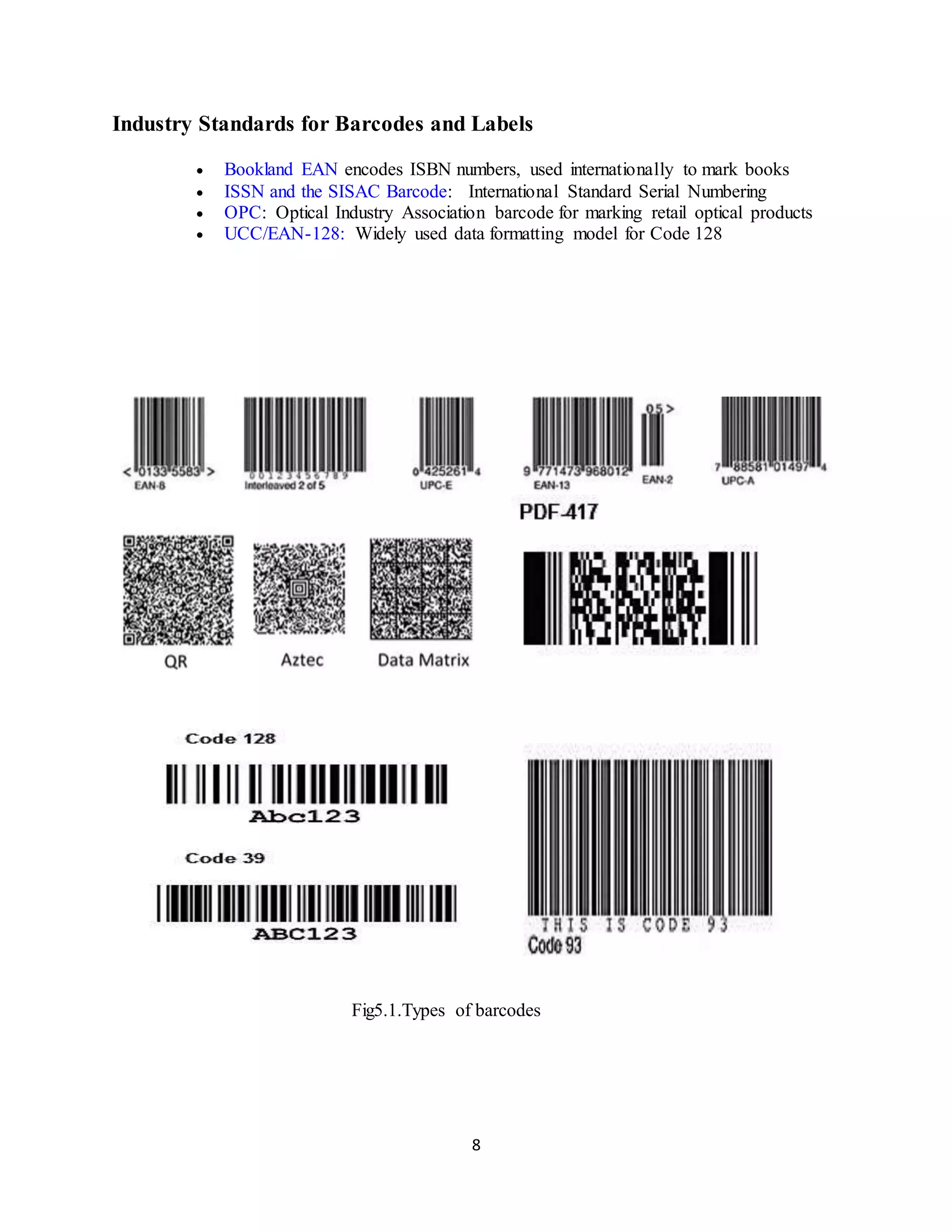 8
Industry Standards for Barcodes and Labels
 Bookland EAN encodes ISBN numbers, used internationally to mark books
 ISSN and the SISAC Barcode: International Standard Serial Numbering
 OPC: Optical Industry Association barcode for marking retail optical products
 UCC/EAN-128: Widely used data formatting model for Code 128
Fig5.1.Types of barcodes
 