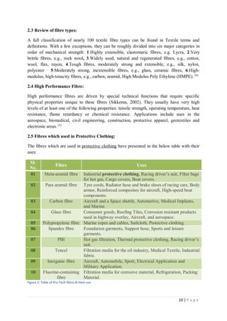 10 | P a g e
2.3 Review of fibre types:
A full classification of nearly 100 textile fibre types can be found in Textile terms and
definitions. With a few exceptions, they can be roughly divided into six major categories in
order of mechanical strength: 1.Highly extensible, elastomeric fibres, e.g. Lycra, 2.Very
brittle fibres, e.g., rock wool, 3.Widely used, natural and regenerated fibres, e.g., cotton,
wool, flax, rayon, 4.Tough fibres, moderately strong and extensible, e.g., silk, nylon,
polyester · 5.Moderately strong, inextensible fibres, e.g., glass, ceramic fibres, 6.High-
modulus, high-tenacity fibres, e.g., carbon, aramid, High Modulus Poly Ethylene (HMPE). (4)
2.4 High Performance Fibre:
High performance fibres are driven by special technical functions that require specific
physical properties unique to these fibres (Sikkema, 2002). They usually have very high
levels of at least one of the following properties: tensile strength, operating temperature, heat
resistance, flame retardancy or chemical resistance. Applications include uses in the
aerospace, biomedical, civil engineering, construction, protective apparel, geotextiles and
electronic areas. (5)
2.5 Fibres which used in Protective Clothing:
The fibres which are used in protective clothing have presented in the below table with their
uses:
SL
No.
Fibre Uses
01 Meta-aramid fibre Industrial protective clothing, Racing driver’s suit, Filter bags
for hot gas, Cargo covers, Boat covers.
02 Para aramid fibre Tyre cords, Radiator hose and brake shoes of racing cars, Body
armor, Reinforced composites for aircraft, High-speed boat
components.
03 Carbon fibre Aircraft and a Space shuttle, Automotive, Medical Implants,
and Marine.
04 Glass fibre Consumer goods, Roofing Tiles, Corrosion resistant products
used in highway overlay, Aircraft, and aerospace.
05 Polypropylene fibre Marine ropes and cables, Sailcloth, Protective clothing.
06 Spandex fibre Foundation garments, Support hose, Sports and leisure
garments.
07 PBI Hot gas filtration, Thermal protective clothing, Racing driver’s
suit.
08 Tencel Filtration media for the oil industry, Medical Textile, Industrial
fabric.
09 Inorganic fibre Aircraft, Automobile, Sport, Electrical Application and
Military Application.
10 Fluorine-containing
fibre
Filtration media for corrosive material, Refrigeration, Packing
Material.
Figure 2: Table of Pro-Tech fibres & their use
 