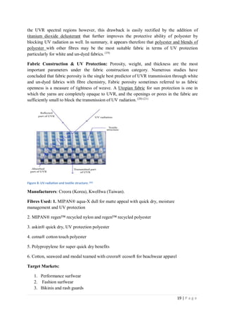 19 | P a g e
the UVR spectral regions however, this drawback is easily rectified by the addition of
titanium dioxide delusterant that further improves the protective ability of polyester by
blocking UV radiation as well. In summary, it appears therefore that polyester and blends of
polyester with other fibres may be the most suitable fabric in terms of UV protection
particularly for white and un-dyed fabrics. (19)
Fabric Construction & UV Protection: Porosity, weight, and thickness are the most
important parameters under the fabric construction category. Numerous studies have
concluded that fabric porosity is the single best predictor of UVR transmission through white
and un-dyed fabrics with fibre chemistry, Fabric porosity sometimes referred to as fabric
openness is a measure of tightness of weave. A Utopian fabric for sun protection is one in
which the yarns are completely opaque to UVR, and the openings or pores in the fabric are
sufficiently small to block the transmission of UV radiation. (20) (21)
Figure 8: UV radiation and textile structure. (22)
Manufacturers: Creora (Korea), KweHwa (Taiwan).
Fibres Used: 1. MIPAN® aqua-X dull for matte appeal with quick dry, moisture
management and UV protection
2. MIPAN® regen™ recycled nylon and regen™ recycled polyester
3. askin® quick dry, UV protection polyester
4. cotna® cotton touch polyester
5. Polypropylene for super quick dry benefits
6. Cotton, seaweed and modal teamed with creora® ecosoft for beachwear apparel
Target Markets:
1. Performance surfwear
2. Fashion surfwear
3. Bikinis and rash guards
 