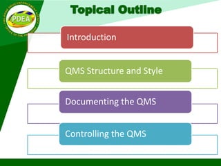 Introduction
QMS Structure and Style
Documenting the QMS
Controlling the QMS
 