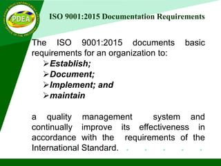 ISO 9001:2015 Documentation Requirements
The ISO 9001:2015 documents basic
requirements for an organization to:
Establish;
Document;
Implement; and
maintain
a quality management system and
continually improve its effectiveness in
accordance with the requirements of the
International Standard.
 
