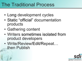 The Traditional Process Long  development cycles Static “official”  documentation products Gathering content Writers  sometimes isolated from  product developers Write/Review /Edit/R epeat… then Publish 