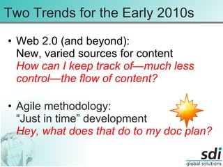 Two Trends for the Early 2010s Web 2.0 (and beyond): New, varied sources for content How can I keep track of—much less control—the flow of content? Agile methodology: “Just in time” development Hey, what does that do to my doc plan? 