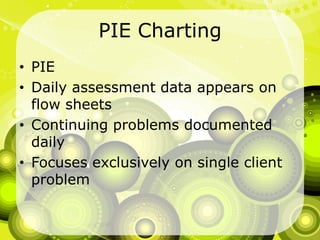 PIE ChartingPIEDaily assessment data appears on flow sheetsContinuing problems documented dailyFocuses exclusively on single client problem