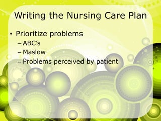 Writing the Nursing Care PlanPrioritize problemsABC’sMaslowProblems perceived by patient