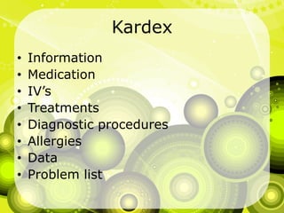 KardexInformationMedicationIV’sTreatmentsDiagnostic proceduresAllergiesData Problem list