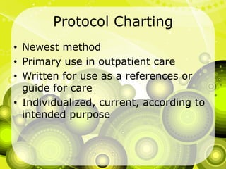 Protocol ChartingNewest methodPrimary use in outpatient careWritten for use as a references or guide for careIndividualized, current, according to intended purpose