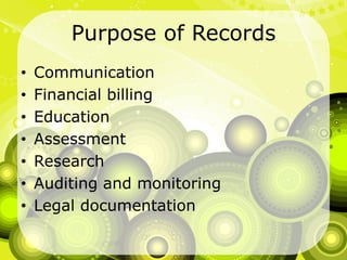 Purpose of RecordsCommunicationFinancial billingEducationAssessmentResearchAuditing and monitoringLegal documentation